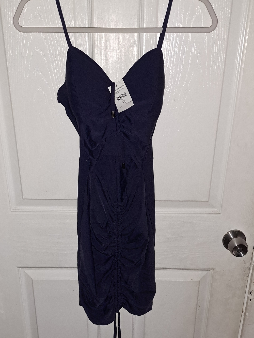 Fashion Nova Navy Ruched Mini Dress with Spaghetti Straps